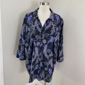 Catherines Womens Plus 3X Blouse Purple Black Floral Roll Tab Sleeve Shirt Top